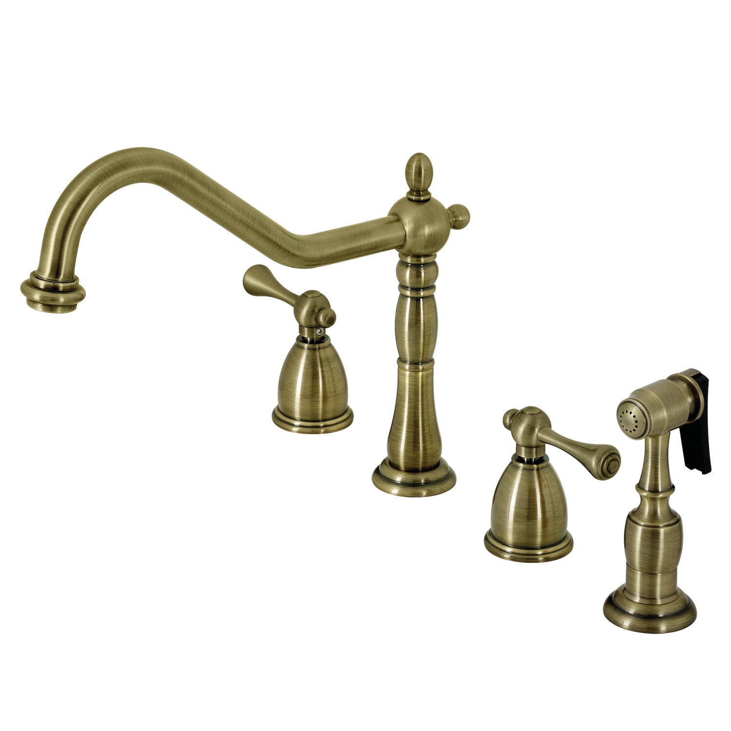 Kingston Heirloom KB1793BLBS - Heritage Double-Handle 4-Hole Widespread Kitchen Faucet with Brass Sprayer, Antique Brass — image 1